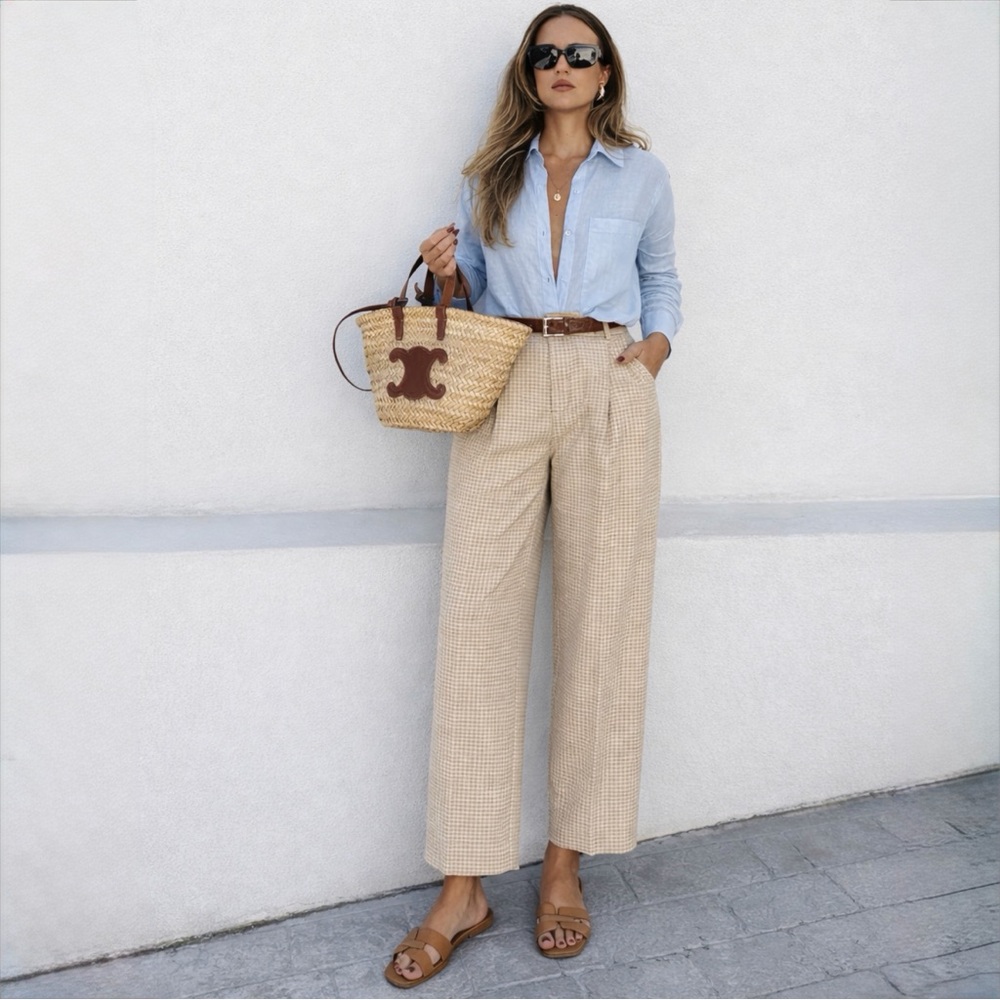 Wilfred Aritzia Effortless Cropped Wide Leg Pants Beige Houndstooth US 0